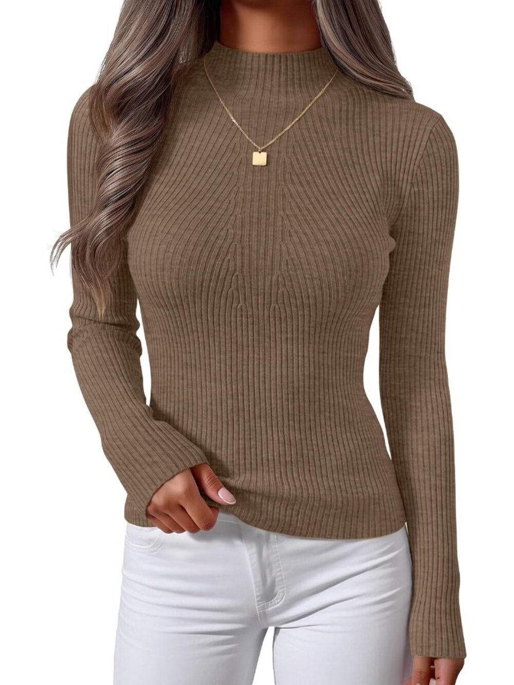 Women's 2025 Fall Long Sleeve Turtleneck T Shirt Ribbed Knit Sweater Slim Fit Ba